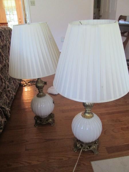 Pair - Table Lamps Ribbed Globe Body Milk Glass Brilliant Brass Flower Center