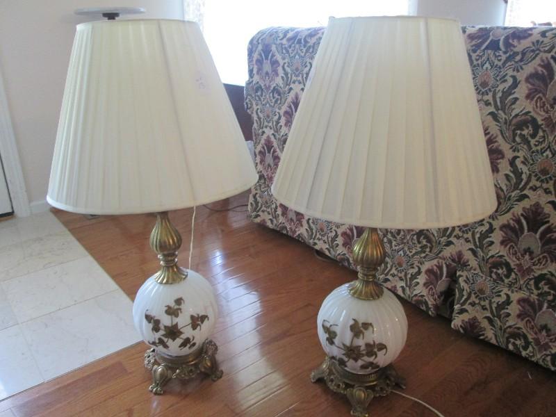 Pair - Table Lamps Ribbed Globe Body Milk Glass Brilliant Brass Flower Center