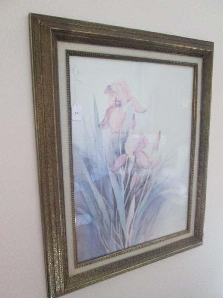 Watercolor Floral Print Pink/Blue in Ornate Gilted Frame/Matt