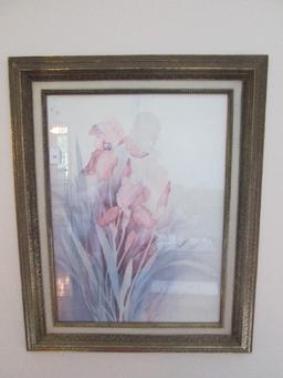 Watercolor Floral Print Pink/Blue in Ornate Gilted Frame/Matt