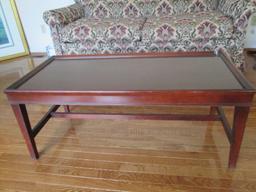 Wooden Dark Coffee Table Narrow Legs w/ Stretcher, Bracket Trim