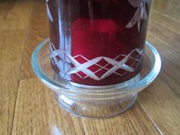 Ruby Flashed Tall Glass w/ Cross/Floral Motif Votive Candle w/ Glass Shade