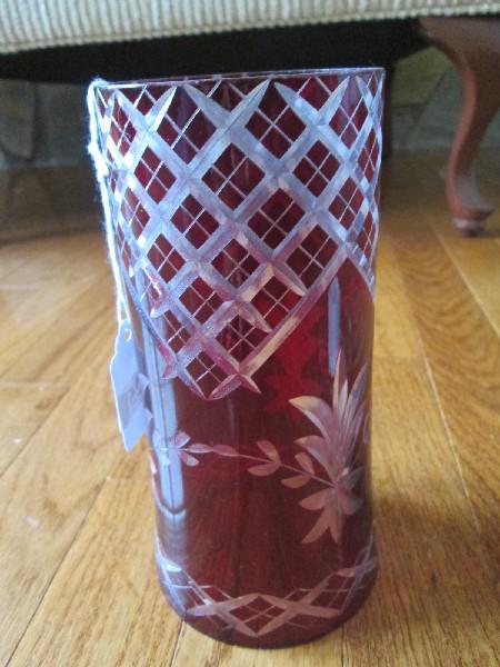 Ruby Flashed Tall Glass w/ Cross/Floral Motif Votive Candle w/ Glass Shade