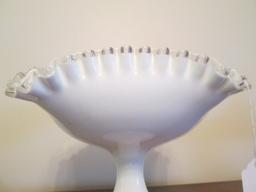 Milk Glass Tall Centerpiece Bowl Clear Crimped/Flared Rim on Raised Stand