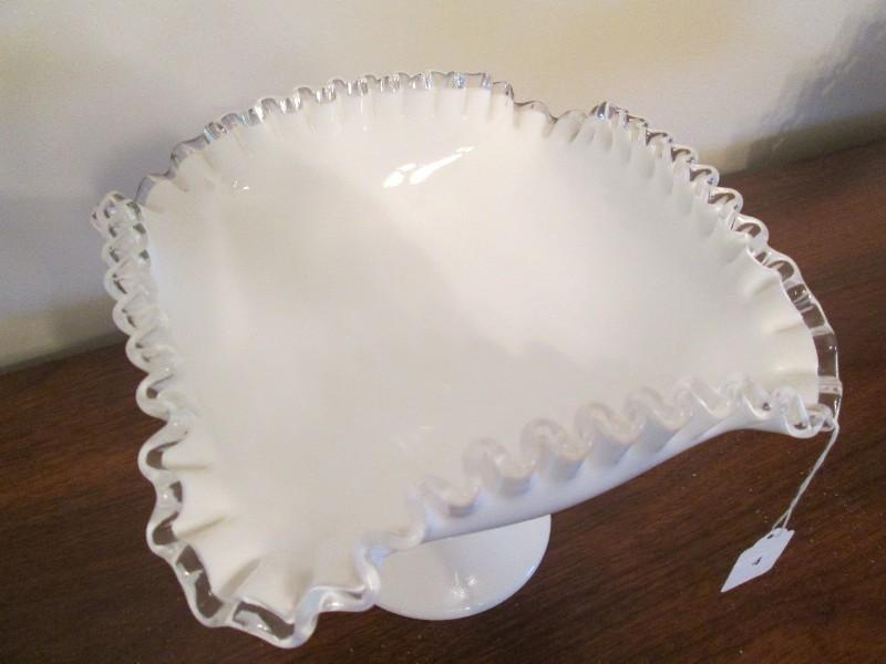 Milk Glass Tall Centerpiece Bowl Clear Crimped/Flared Rim on Raised Stand