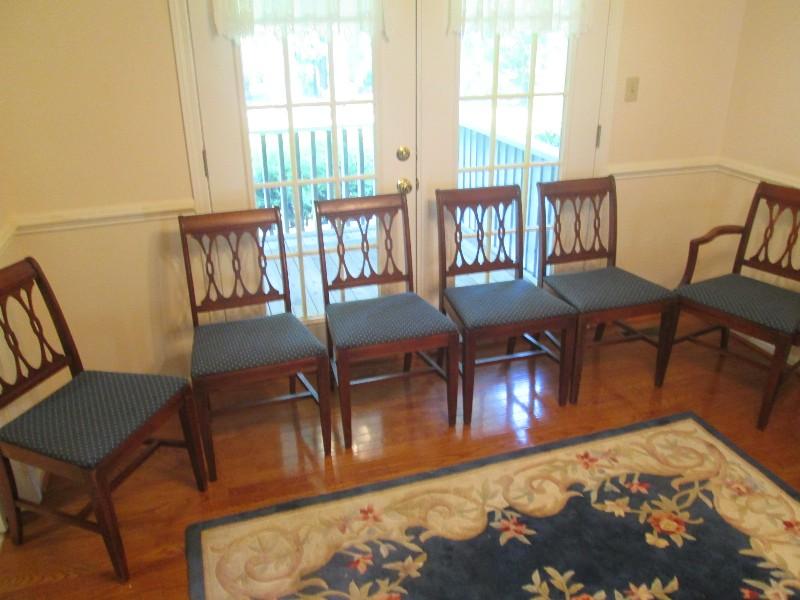 6 Wooden Dining Chairs Cross/Pierced Design Back Grooved Trim, Curled Back