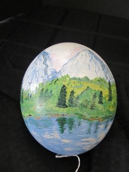 Hand Painted Lake Mountain Scene on Ostrich Egg