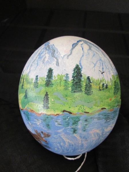 Hand Painted Lake Mountain Scene on Ostrich Egg