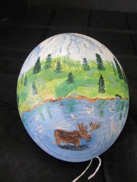 Hand Painted Lake Mountain Scene on Ostrich Egg