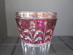 The European Collection 24% Lead Crystal Tall Bud Vase Ruby Flash Band Floral/Tan Cut