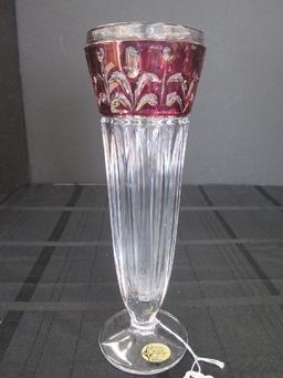 The European Collection 24% Lead Crystal Tall Bud Vase Ruby Flash Band Floral/Tan Cut