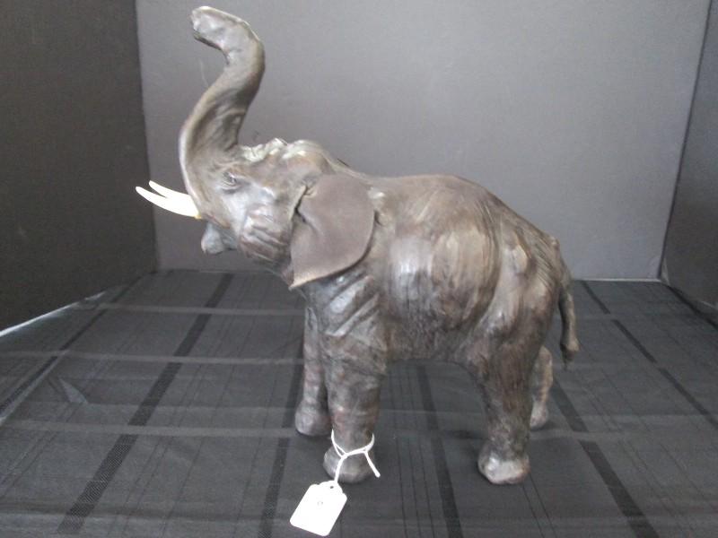 Tall Brown Elephant Décor w/ Leather Ears, White Tusks