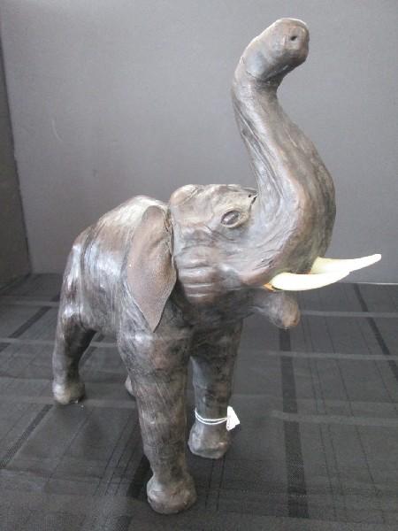 Tall Brown Elephant Décor w/ Leather Ears, White Tusks