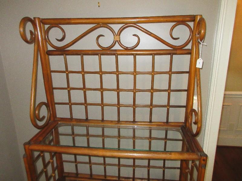 Rattan Bakers Rack w/ Glass Shelves Scroll Work & Lattice Design