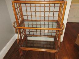 Rattan Bakers Rack w/ Glass Shelves Scroll Work & Lattice Design