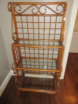 Rattan Bakers Rack w/ Glass Shelves Scroll Work & Lattice Design