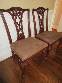 Pair - Chippendale Style Chairs Intricate Ribbon Splat Back, Carved Knees on Ball & Claw Feet