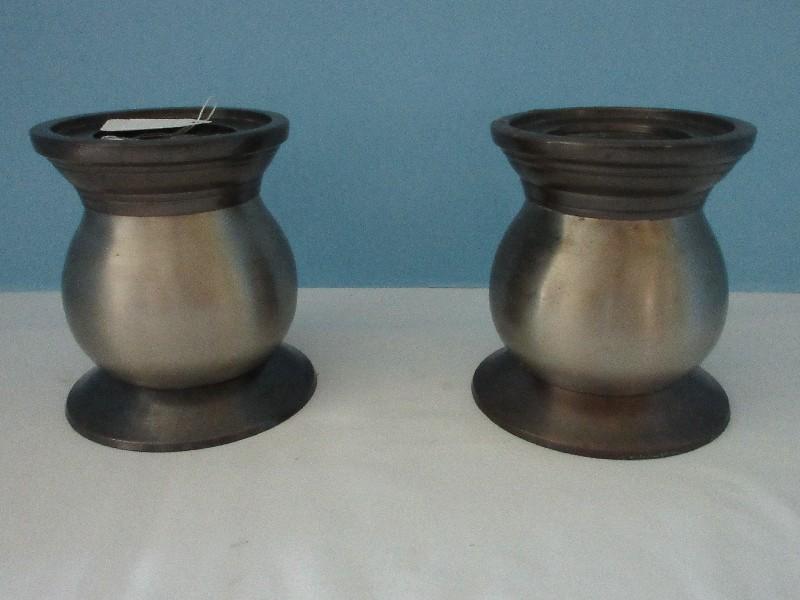 Pair - Contemporary Pillar/Candlestick Stands Brushed Steel & Bronze Finish