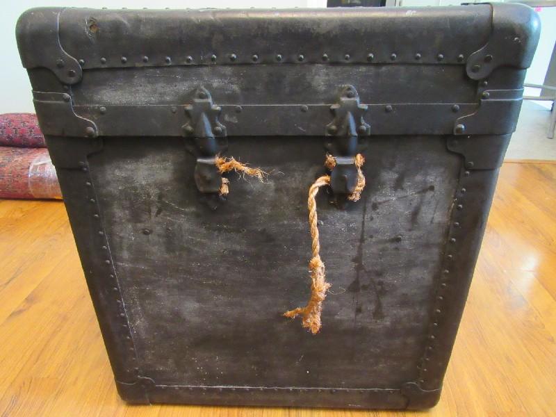 Vintage Black Wooden Chest w/ Black Metal Trim Corners/Clasps