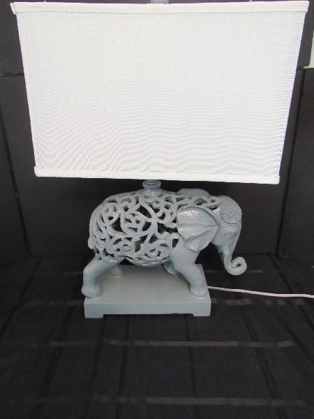 Pair - Grey Scroll/Curled Design African Elephants Lamps Square White Shade Ball Top