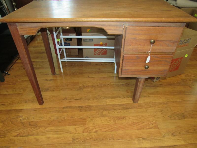 Wooden 2 Drawer Work Desk Narrow Legs, Curved Trim, Metal Pulls