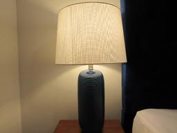 Pair - Tall Blue Ribbed Design Lamps w/ White Shade