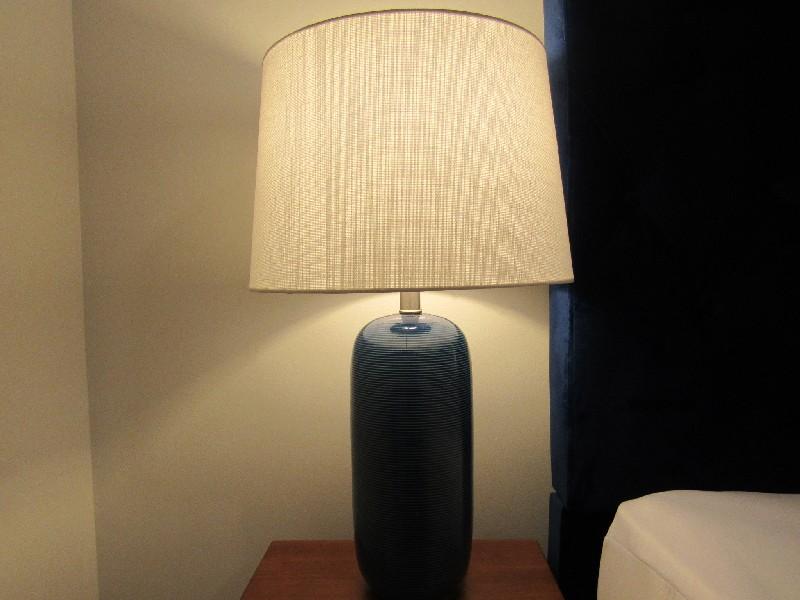 Pair - Tall Blue Ribbed Design Lamps w/ White Shade