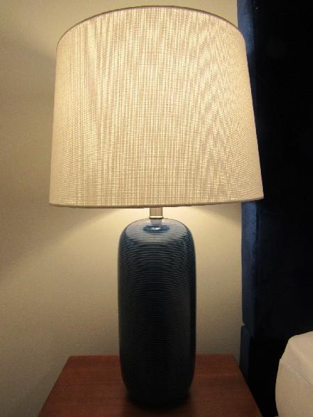 Pair - Tall Blue Ribbed Design Lamps w/ White Shade
