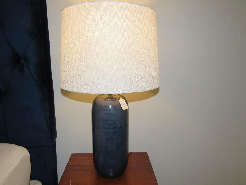 Pair - Tall Blue Ribbed Design Lamps w/ White Shade