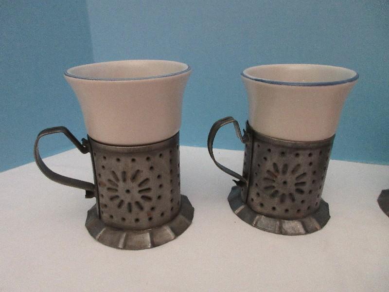 Set - 4 Pfaltzgraff Stoneware Yorktowne Pattern Tin Punch Mug Holders w/ Inserts