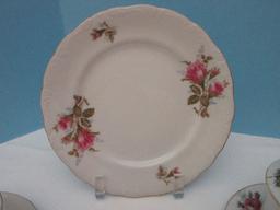 12 Pieces - Bondware China Moss Rose Pattern 4 Footed Cups, 4 Saucers, 4 Dessert Plates 8 1/4"