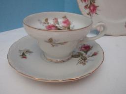 12 Pieces - Bondware China Moss Rose Pattern 4 Footed Cups, 4 Saucers, 4 Dessert Plates 8 1/4"