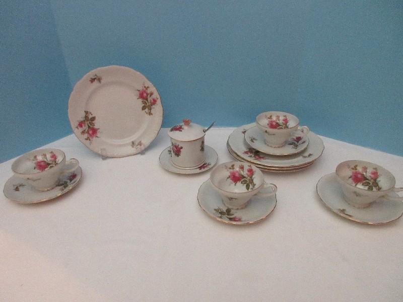 12 Pieces - Bondware China Moss Rose Pattern 4 Footed Cups, 4 Saucers, 4 Dessert Plates 8 1/4"