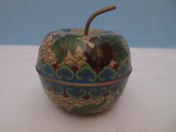 Vintage Cloisonné Apple Trinket Box w/ Stem Chrysanthemums Design