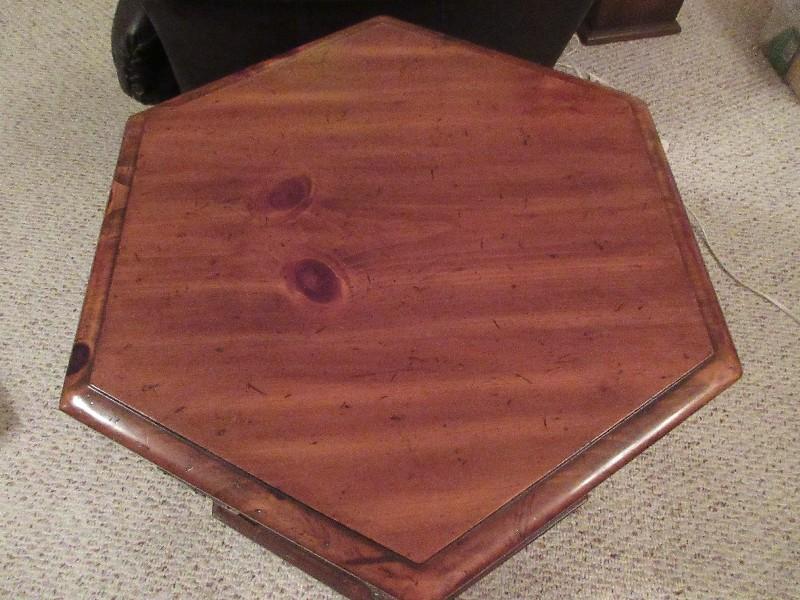 Knotty Pine Hexagon Shape End Table w/ Double Slat Panel Doors