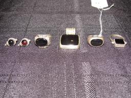 Black Center 925 Silver Lot - Pendant, Ring 7 1/2", Ring 5 1/2, Earrings, Adjustable Rig 7 1/2