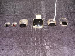 Black Center 925 Silver Lot - Pendant, Ring 7 1/2", Ring 5 1/2, Earrings, Adjustable Rig 7 1/2