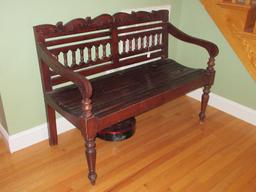 Wooden Ornately Carved Spindle & Foliate Back Bench Slate Seat on Ring Turned Turnip Feet