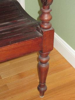 Wooden Ornately Carved Spindle & Foliate Back Bench Slate Seat on Ring Turned Turnip Feet