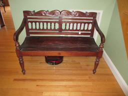 Wooden Ornately Carved Spindle & Foliate Back Bench Slate Seat on Ring Turned Turnip Feet