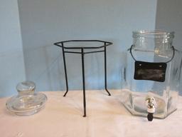 Glass Beverage Dispenser w/ Lid, Spigot & Chalk ID Plate on Black Wire Stand