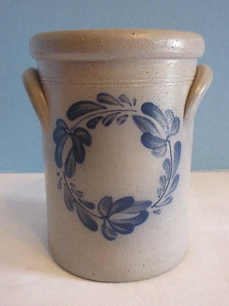 Rockdale Union Stoneware Salt Glaze Double Handle Crock Cobalt Stem Flower