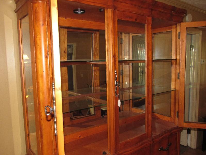 Maple Tall China Cabinet 3 Doors w/ 5 Glass Windows, 2 Inlay Glass Shelves