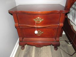 2 Drawer Night Stand Bow Front Brass Curled Pulls, Scalloped Skirt Grooved Sides