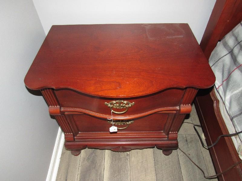 2 Drawer Night Stand Bow Front Brass Curled Pulls, Scalloped Skirt Grooved Sides