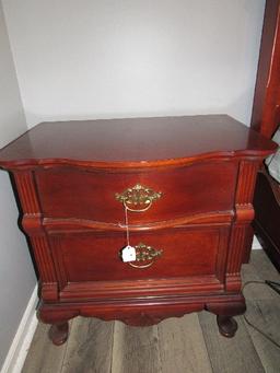 2 Drawer Night Stand Bow Front Brass Curled Pulls, Scalloped Skirt Grooved Sides