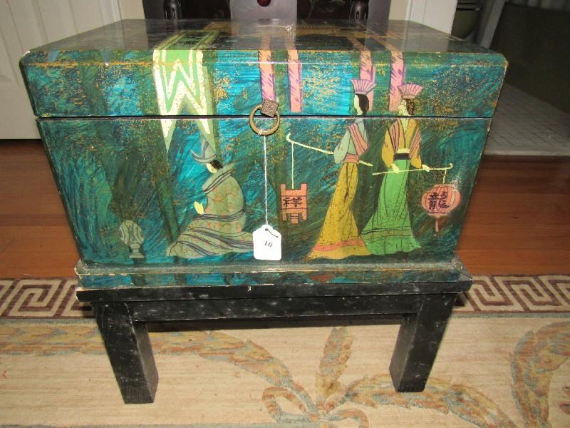 Wooden Small Chest on Black Wood Stool w/ Brilliant Asian/Antique Temple Motif Brass Pull