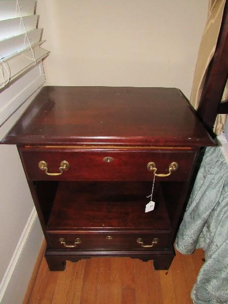 2 Drawer Wooden Night Stand Brass Pulls Escutcheon, Bracket Feet, Dovetailed