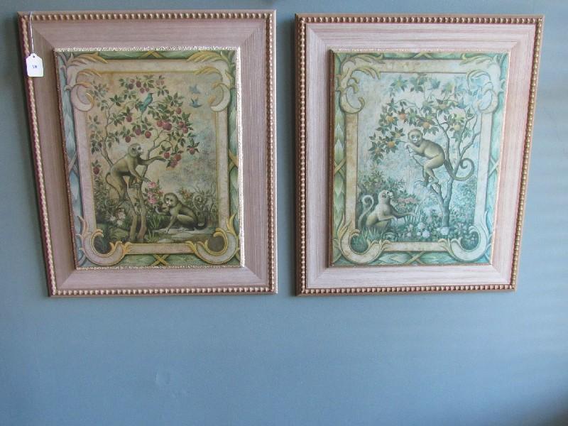 Pair - Wood Block Prints on Bead Trim Frames Monkey w/ Apples/Oranges Prints Front