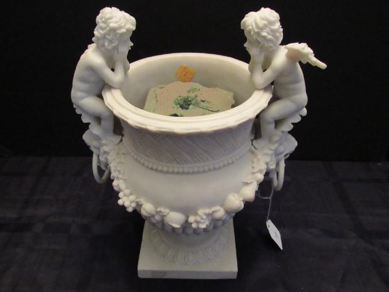 White Antique/Marble Design Planter Grecian Vase Design Cherub/Lion Head Handles
